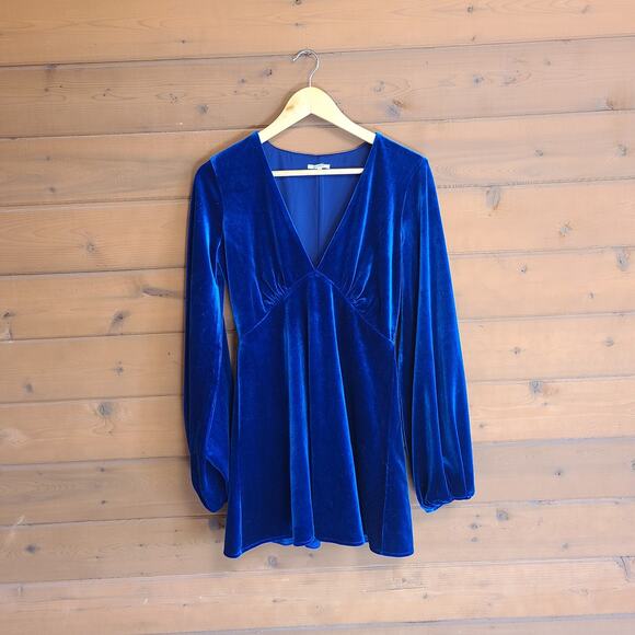 Tularosa Ryland Mini Dress Aegean Blue Velvet Long Sleeve Small Vneck Revolve - Picture 2 of 5